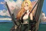  1girl belt black_belt black_jacket black_neckwear blonde_hair blue_eyes breasts cloud day gun hair_between_eyes highres holding holding_gun holding_weapon hornet_(kantai_collection) jacket kantai_collection large_breasts long_hair moor necktie ocean off_shoulder outdoors shirt signature skirt sky sleeveless sleeveless_shirt smile solo water weapon white_shirt 