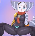  anthro blue_eyes breasts camel_toe clothed clothing ear_piercing eyewear female fur goggles goggles_on_head hi_res lombax maikox mammal nipple_outline open_mouth piercing prosthetic prosthetic_arm prosthetic_limb ratchet_and_clank rift_apart_lombax scarf simple_background solo spread_legs spreading stripes video_games 