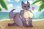  absurd_res all_fours anthro beach big_breasts black_sclera breasts dragon female hetfli hi_res kana_(hetfli) looking_at_viewer nipples nude scales seaside slightly_chubby smile solo sunny 