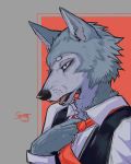  2020 4:5 anthro beastars black_eyes black_nose canid canine canis clothed clothing fingers fur genitals grey_body grey_fur hi_res legoshi_(beastars) male mammal necktie open_mouth sherat teeth whiskers wolf 