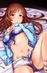  1girl absurdres bangs bare_shoulders bikini blue_bikini blue_jacket blush breasts brown_eyes brown_hair chiyosuke_(nosuke21) cleavage floral_print hands_on_own_chest highres idolmaster idolmaster_cinderella_girls jacket knee_up long_hair long_sleeves looking_at_viewer lying medium_breasts navel nitta_minami off_shoulder on_back open_clothes open_fly open_jacket open_mouth short_shorts shorts swimsuit thighs white_shorts 
