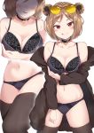  1girl :q absurdres bangs black_bra black_panties blush bra breasts brown_hair bushinofuji choker double_bun eyewear_on_head girls_frontline hair_ornament highres jacket looking_at_viewer multiple_views off_shoulder p90_(girls_frontline) panties red_eyes short_hair smile sunglasses thighhighs tongue tongue_out underwear 