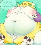  anthro belly big_belly big_breasts blue_eyes breasts canid canine digimon digimon_(species) english_text female fur genitals hand_on_breast hi_res mammal navel nipples obese obese_anthro obese_female overweight overweight_anthro overweight_female pussy renamon solo text tuzzleton weight_gain white_body white_fur yellow_body yellow_fur 