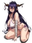  1girl antenna_hair bandaged_arm bandages bangs bare_shoulders bikini blush breasts cleavage covered_nipples danua granblue_fantasy hair_between_eyes highres horn_ornament horns houtengeki jewelry kneeling large_breasts long_hair looking_at_viewer necklace open_mouth pointy_ears purple_hair red_eyes simple_background swimsuit white_background 
