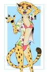  4_fingers absurd_res aloha_shirt anthro arm_tuft bikini bikini_bottom brown_spots cheek_tuft cheetah clothing elbow_tufts facial_tuft felid feline female fingers full-length_portrait fur hand_on_head hi_res inner_ear_fluff kitt_pawson_(alex_konnrad) looking_at_viewer mammal open_mouth open_smile pawpads portrait purple_eyes qalcove simple_background smile solo spots spotted_body spotted_fur swimwear tuft waving_at_viewer white_background yellow_body yellow_fur 