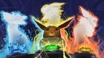 brown_eyes commentary_request eevee electricity fire fire_stone flareon gen_1_pokemon highres jolteon no_humans open_mouth pokemon pokemon_(creature) supearibu thunder_stone tongue vaporeon water water_stone watermark 