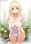  1girl bangs blonde_hair blush breasts cleavage closed_mouth collarbone commentary covered_navel elf eyebrows_visible_through_hair green_eyes hair_between_eyes hand_on_own_chest hong_(white_spider) large_breasts long_hair looking_at_viewer naked_towel original outdoors pointy_ears signature smile solo towel wading water wet white_towel 