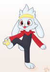  3_fingers 3_toes anthro clothed clothing fingers fur hi_res male mammal nintendo paws pok&eacute;mon pok&eacute;mon_(species) raboot red_eyes simple_background slithy solo toes video_games white_body yellow_nose 