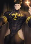  1boy abs absurdres bara beard black_hair bodysuit bulge chest facial_hair fire halo highres kimakkun looking_at_viewer male_focus manly muscle pectorals pelvic_curtain simple_background solo stubble thick_thighs thigh_cutout thighs tokyo_houkago_summoners upper_body yaoi yellow_eyes zabaniya_(tokyo_houkago_summoners) 