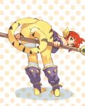  1girl bandaged_leg bandages bent_over breath_of_fire breath_of_fire_ii from_behind green_eyes holding holding_staff looking_at_viewer looking_back monster_girl parted_lips polka_dot polka_dot_background purple_footwear red_hair rinpoo_chuan slit_pupils solo staff stirrup_footwear striped_tail tail tail_censor tiger_tail vins-mousseux 