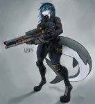  2019 angry anthro big_breasts blue_hair breasts digitigrade female fish grey_background gun hair hi_res holding_gun holding_object holding_weapon marine monique_(tacodragon) non-mammal_breasts ranged_weapon rifle shark simple_background solo weapon zer0ember 