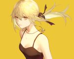  1girl absurdres artoria_pendragon_(all) bangs bare_shoulders black_camisole black_ribbon blonde_hair breasts camisole collarbone commentary cross cross_necklace dress expressionless fate/grand_order fate_(series) floating_hair hair_between_eyes hair_ribbon highres jesse_(pixiv34586727) jewelry long_hair looking_at_viewer medium_breasts necklace ponytail ribbon saber_alter simple_background sleeveless small_breasts solo spaghetti_strap upper_body yellow_background yellow_eyes 