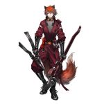  1boy animal_ears arknights bangs belt black_footwear black_gloves boots chiave_(arknights) fingerless_gloves fox_ears fox_tail full_body gloves grey_shirt grin hair_between_eyes highres holding holding_wrench infukun jumpsuit long_sleeves looking_at_viewer male_focus official_art orange_hair parted_lips pliers pouch shirt smile standing tail transparent_background vambraces wrench 