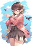  1girl absurdres bangs bat blue_sky blush breasts brown_hair contemporary fate/grand_order fate_(series) glasses gradient_hair grey_skirt hane_yuki highres jacket large_breasts long_hair long_sleeves looking_at_viewer multicolored_hair open_clothes open_jacket open_mouth osakabe-hime_(fate/grand_order) pink_jacket purple_eyes skirt sky smile thighs very_long_hair 