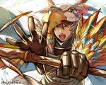  1boy brown_eyes brown_gloves brown_hair feathers gloves granblue_fantasy hat kotatsu_(g-rough) looking_at_viewer male_focus nezahualpilli open_mouth shaman sketch solo twitter_username upper_body 