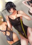  3girls ass black_hair breasts cleavage collarbone competition_swimsuit contrapposto dutch_angle jikihatiman large_breasts legs_together looking_back medium_hair multiple_girls one-piece_swimsuit original purple_eyes short_hair shoulder_blades standing swimsuit 