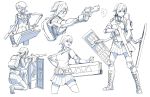  1girl absurdres firing glasses gun highres holding holding_gun holding_weapon knee_pads miniskirt monochrome multiple_views open_mouth original short_hair sketch skirt weapon zen_(jirakun) 