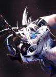  1girl animal_ears azur_lane black_gloves black_sailor_collar black_skirt blue_eyes blue_neckwear commentary floating fox_ears fox_girl full_body gloves grey_hair half_gloves highres holding holding_sword holding_weapon kawakaze_(azur_lane) long_hair multiple_swords pleated_skirt ribbon-trimmed_sleeves ribbon_trim sailor_collar skirt solo sword thighhighs tsukimiya_(tsukinami15) very_long_hair weapon white_hair zettai_ryouiki 