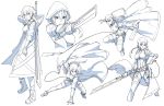  1girl absurdres action dynamic_pose floating_clothes highres holding holding_knife holding_sword holding_weapon knife long_hair monochrome multiple_views original sketch sword tied_hair weapon zen_(jirakun) 