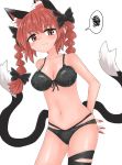  1girl animal_ears bangs bikini black_bikini black_bow black_legwear black_tail blush bow braid breasts cat_ears cat_tail chups cleavage extra_ears eyebrows_visible_through_hair hair_bow highres kaenbyou_rin multiple_tails navel red_eyes red_hair red_nails short_hair simple_background solo speech_bubble sweat swimsuit tail touhou twin_braids two_tails white_background 