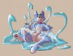  anthro blue_body blue_fur canid canine canis collar dascarl domestic_dog fur goo_transformation hi_res hypnosis inflatable looking_up male mammal mind_control nozzle pool_toy shiba_inu sitting solo spiral_eyes spitz transformation 