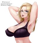  1girl armpits arms_behind_head arms_up bangs_pinned_back black-framed_eyewear blonde_hair blue_eyes bra breasts cleavage folded_hair glasses hair_pulled_back highres inne_sulistya_robin large_breasts lingerie mature nofuture office_lady original parted_lips red_lips stomach underwear 
