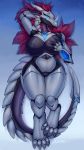  9:16 absurd_res anthro armor big_breasts big_butt black_body blue_eyes breast_grab breasts butt claws conditional_dnp crystal cybernetics cyborg dragon female genitals glistening glistening_body glistening_skin glowing hair hand_on_breast hi_res horn huge_breasts looking_at_viewer machine mane maroon_fur mecha metal nipples non-mammal_breasts oksara rubber simple_background smile solo spikes thick_thighs wide_hips 