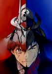  2boys absurdres black_hair blue_eyes brown_eyes brown_hair character_request close-up hayase_kouichi highres kurogane_no_linebarrel linebarrel lostbarrel mecha multiple_boys official_art shimoguchi_tomohiro split_image v-shaped_eyebrows yellow_eyes 