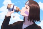  1girl absurdres bangs blue_sky blurry brown_eyes brown_hair cloud cloudy_sky collarbone commentary_request day drinking facing_to_the_side flying_sweatdrops forehead_protector from_side hand_up highres holding long_sleeves looking_at_viewer miru_(wvjc7832) naruto naruto_(series) nohara_rin parted_bangs short_hair sky solo upper_body 