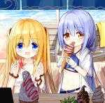  2girls :d bangs bare_shoulders bikini bikini_under_clothes blonde_hair blue_bikini blue_eyes blue_hair blush brown_eyes closed_mouth day drawstring eyebrows_visible_through_hair flower_girl_(yuuhagi_(amaretto-no-natsu)) food hair_between_eyes holding holding_food hood hood_down hooded_jacket ice_cream ice_cream_cone jacket long_hair multiple_girls open_mouth original outdoors short_sleeves smile soft_serve standing swimsuit two_side_up very_long_hair water white_bikini white_jacket wide_sleeves yuuhagi_(amaretto-no-natsu) 