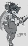  &lt;3_marking 2019 anthro butt female giant_panda grey_background hair holding_object holding_sword holding_weapon kenny_(kenashcorp) looking_back mammal melee_weapon monochrome on_one_leg open_mouth short_hair simple_background sketch solo standing sword ursid weapon zer0ember 