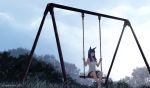  1girl animal_ears bangs black_hair bush cat_ears day dead-robot hanging long_hair original outdoors rope scenery shirt shoes shorts sitting sky smile solo swing swing_set white_shirt 