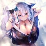  1girl animal_ear_fluff animal_ears bangs blue_eyes blush breasts cleavage collarbone dog_tags green_eyes hair_ornament hands_in_hair heterochromia highres large_breasts long_hair looking_at_viewer necktie off_shoulder original rozea_(graphmelt) sidelocks skirt smile solo tail 