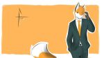  16:9 ;3 anthro blazer brown_pawpads canid canine character_name clothing dress_pants dress_shirt fayt_(tohfu) fox fur green_eyes hand_up long_sleeves looking_at_viewer male mammal necktie one_eye_closed orange_background orange_body orange_fur orange_tail pawpads shirt simple_background solo standing suit tohfu topwear widescreen 