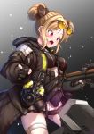  1girl black_background black_gloves black_jacket black_shirt blush breasts brown-framed_eyewear brown-tinted_eyewear brown_hair bullpup commentary dinergate_(girls_frontline) double_bun eyewear_on_head girls_frontline gloves gradient gradient_background grey_background gun hair_ornament high-waist_skirt highres holding holding_gun holding_weapon hood hood_down hooded_jacket jacket medium_breasts object_namesake open_clothes open_jacket open_mouth p90 p90_(girls_frontline) partly_fingerless_gloves red_eyes shirt skirt submachine_gun sunglasses weapon white_skirt yaosera 