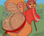  2020 animal_crossing anthro ass_clapping big_butt big_tail blurred_background bottomless butt clothed clothing digital_drawing_(artwork) digital_media_(artwork) english_text female fur hair hazel_(animal_crossing) hi_res huge_butt looking_at_viewer looking_back mammal net nintendo orange_hair pyredaemos rear_view rodent sciurid solo text upset video_games 
