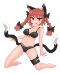  1girl animal_ears bangs bikini black_bikini black_bow black_tail blush bow braid breasts cat_ears cat_tail chups cleavage extra_ears eyebrows_visible_through_hair full_body hair_bow highres holding_tail kaenbyou_rin looking_at_viewer multiple_tails navel open_mouth red_eyes red_hair red_nails seiza short_hair simple_background sitting solo sweat swimsuit tail touhou twin_braids two_tails white_background 