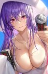  1girl bare_shoulders breasts can cleavage coca-cola girls_frontline hat highres holding jewelry large_breasts long_hair looking_at_viewer necklace one-piece_swimsuit purple_hair red_eyes smile soda_can solo sun_hat sunlight swimsuit upper_body wet white_headwear white_swimsuit whoisshe zb-26_(girls_frontline) 