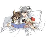  3girls animal_ears arknights bangs bed book brown_hair eyebrows_visible_through_hair glasses hair_between_eyes horns ifrit_(arknights) long_hair multiple_girls nightgown open_mouth owl_ears pillow reading saria_(arknights) short_hair silence_(arknights) sleeping twintails yuyanshu13 