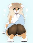  anthro bell blush breasts canid canine clothing collar embarrassed female fur hair hi_res legwear long_hair mammal nipples nyawe one_breast_out solo sweater tan_body tan_fur thigh_highs topwear white_body white_fur wide_hips 