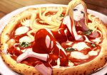  1girl ass barefoot blonde_hair blue_eyes breasts commentary food hair_spread_out in_food long_hair looking_at_viewer medium_breasts minigirl nude original pizza plate smile smug solo tokumaro tomato_sauce very_long_hair 