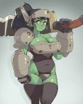  1girl armor black_hair black_legwear black_leotard breastplate breasts cleavage clenched_hands closed_mouth commentary cowboy_shot crotch_plate english_commentary female_orc gauntlets green_skin highres holding holding_weapon large_breasts leotard looking_at_viewer orc original over_shoulder pauldrons ponytail shoulder_armor single_pauldron smile solo standing thighhighs vins-mousseux weapon weapon_over_shoulder 