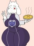  anthro big_breasts big_butt bovid breasts butt caprine clothed clothing crackalacking curvy_figure fangs female food gesture goat hi_res horn looking_at_viewer mammal mature_anthro mature_female pie red_eyes slightly_chubby smile solo thick_thighs toriel undertale v_sign video_games voluptuous wide_hips 