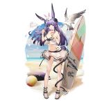  1girl animal_ears animal_on_head arknights ball bangs bare_arms bare_legs bare_shoulders beach beachball bikini bikini_skirt bird black_bow bow breasts bunny bunny_ears bunny_tail cleavage food full_body grappling_hook hair_bow hands_up heibaise_jiangshi highres holding holding_food ice_cream ice_cream_cone long_hair looking_at_viewer medium_breasts miniskirt navel official_art on_head open_mouth ore_lesion_(arknights) pleated_skirt purple_eyes purple_hair rope_(arknights) sandals seagull skirt solo standing stomach strapless strapless_bikini surfboard swimsuit tail thighs transparent_background white_bikini white_skirt 