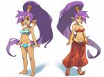  2girls :d arms_at_sides barefoot bikini blue_bikini bracer breasts closed_mouth commentary dual_persona earrings english_commentary green_eyes harem_pants high_ponytail hoop_earrings jewelry long_hair looking_at_viewer medium_breasts multiple_girls navel open_mouth pants pointy_ears pointy_footwear purple_hair red_footwear red_pants shantae:_half-genie_hero shantae_(character) shantae_(series) shoes smile standing swimsuit upper_teeth very_long_hair vins-mousseux white_background 