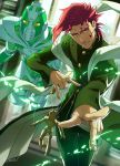  2boys \n/ blurry blurry_background brown_eyes closed_mouth coat depth_of_field earrings fingernails foreshortening gakuran green_coat green_pants hierophant_green highres indoors jewelry jojo_no_kimyou_na_bouken kakyouin_noriaki kotatsu_(g-rough) looking_at_viewer male_focus marionette multiple_boys pants pointing pointing_at_viewer puppet red_hair revision sanpaku scarf school_uniform stand_(jojo) standing white_scarf yellow_eyes 