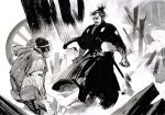  2boys clenched_hand commission destroyed facial_hair highres holding holding_sword holding_weapon ink_(medium) matias_bergara mifune_toshiro monochrome multiple_boys mustache open_mouth real_life samurai sword tied_hair traditional_media weapon yojimbo_(film) 
