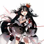  1girl bangs black_dress black_hair bow character_request copyright_request crown detached_sleeves dress gloves layered_dress long_hair open_mouth red_eyes rella simple_background sleeveless sleeveless_dress solo upper_teeth white_background white_gloves 