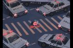  1boy blood blood_splatter bloody_knife car ground_vehicle highres holding holding_knife kirby kirby_(series) knife motor_vehicle no_humans police police_car solo woshihuyi 