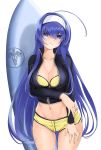  1girl ahoge bikini bikini_top black_jacket blue_eyes blue_hair breast_hold breasts chaesu cleavage cropped_jacket hair_over_eyes hairband hand_on_own_arm highres holding_arm huge_ahoge jacket long_hair looking_at_viewer navel orie_(under_night_in-birth) partially_unzipped short_shorts shorts solo standing stomach surfboard swimsuit thigh_gap toned under_night_in-birth under_night_in-birth_exe:late[st] white_hairband yellow_bikini yellow_shorts 